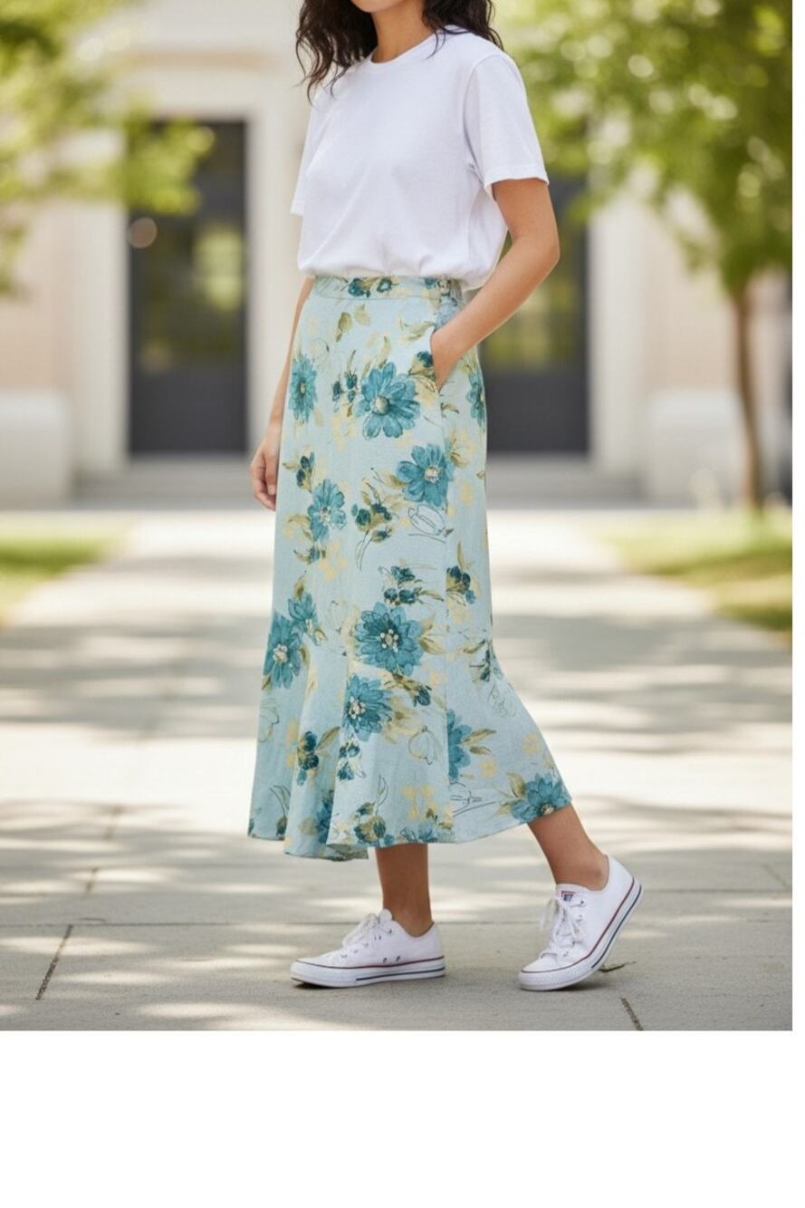 Emma James Claiborne Blue Green Floral Linen Blend Flare Vintage Maxi Skirt 12 M